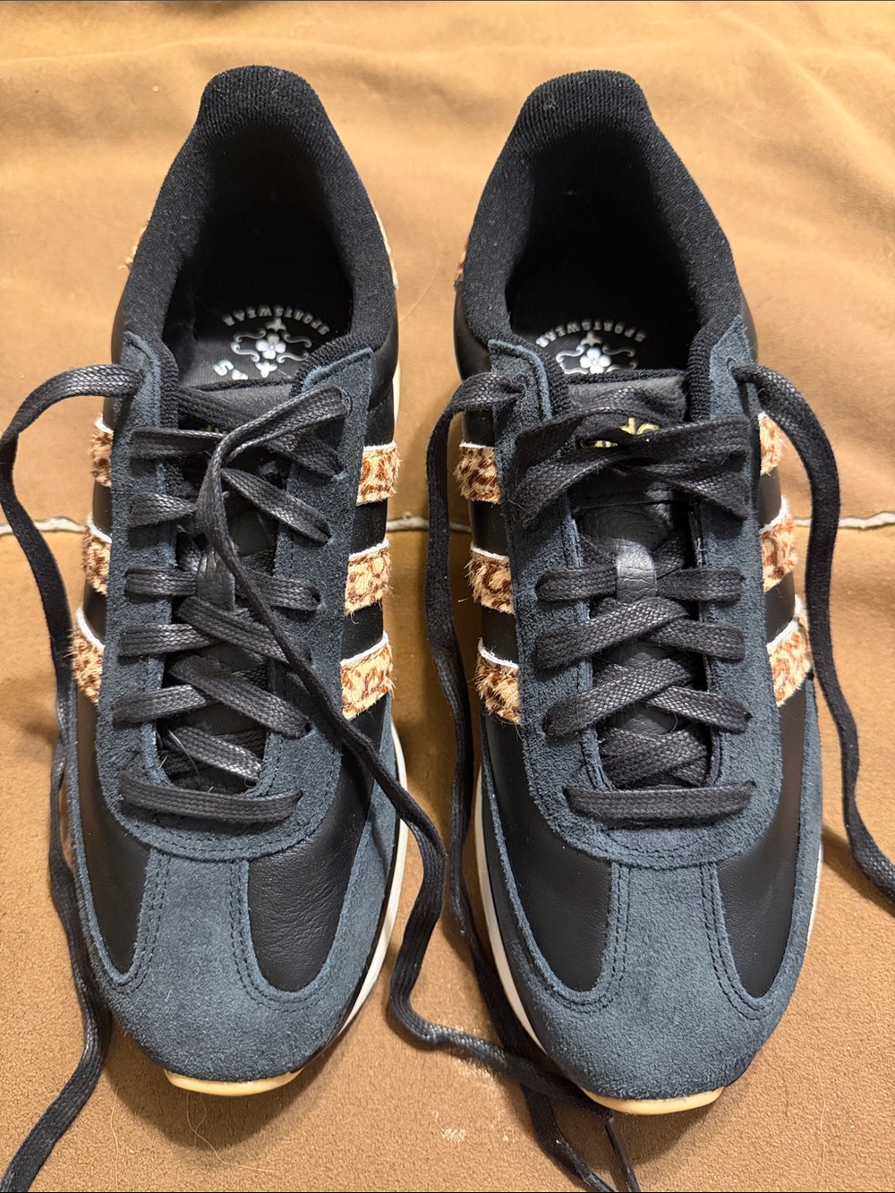 adidas Women's Black with Tan Leopard Accent Athletic Sneakers